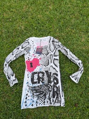 Crystal Rock Christian Audigier Limited Edition Y2K Longline Graphic Top XS